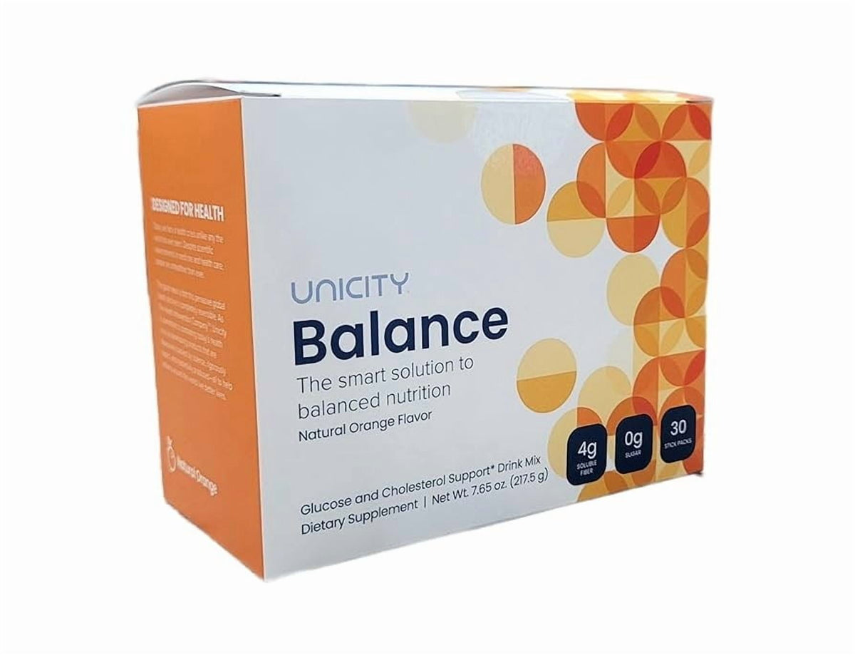 Balance Natural Orange daily nutrition drink mix box, 30 stick packs with 4g fibre per serving