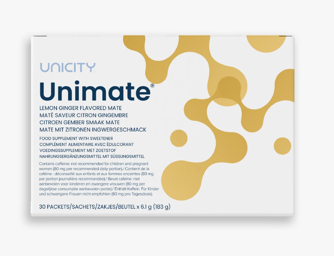Unimate Lemon Ginger yerba mate energy drink mix box, 30 individual packets