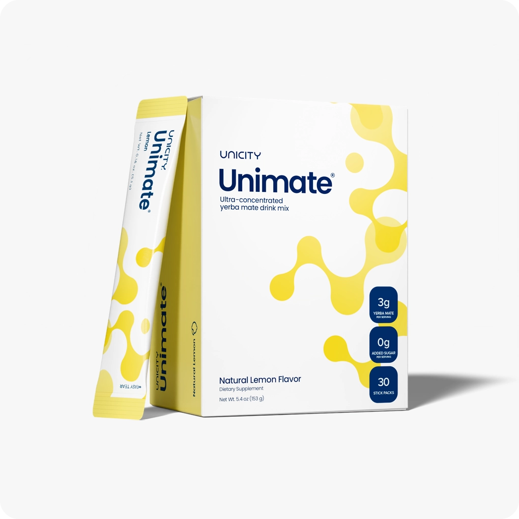 Unimate Natural Lemon yerba mate energy drink mix box, 30 stick packs with 3g yerba mate per serving