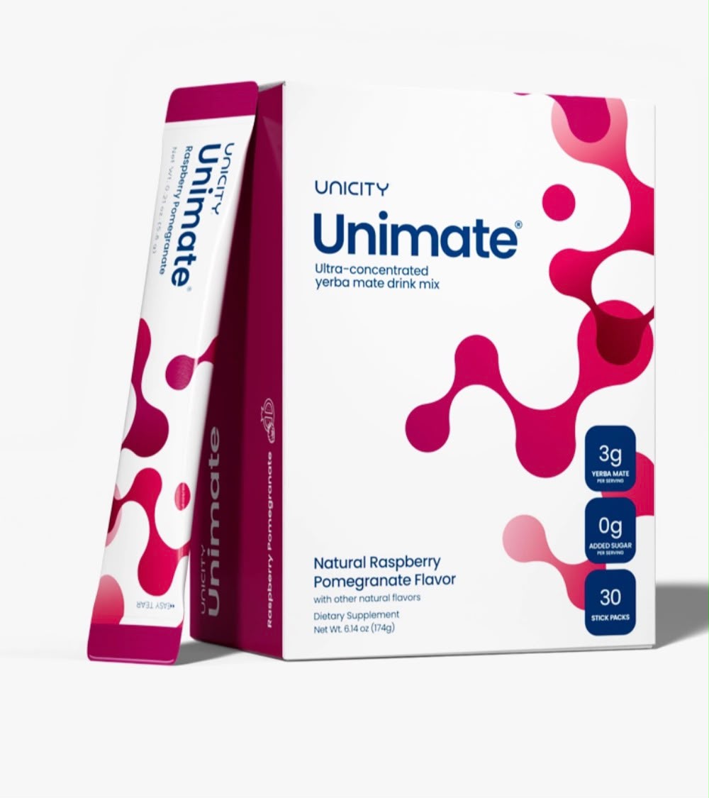 Unimate Raspberry Pomegranate yerba mate energy drink mix box, 30 stick packs